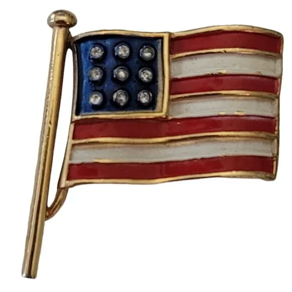 Trifari Red White Blue Enamel Clear Rhinestone US Flag Brooch Pin, Signed E711